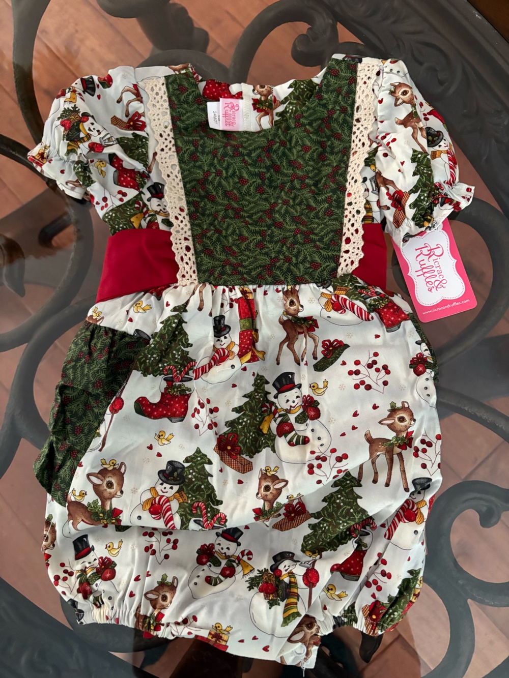 RuffleButts Green & White Holiday Print Girls' Casual Dress